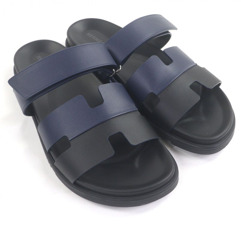 □hermes Chypre Leather H Logo Design Shower Sandals Slide Sandals Black Blue 44