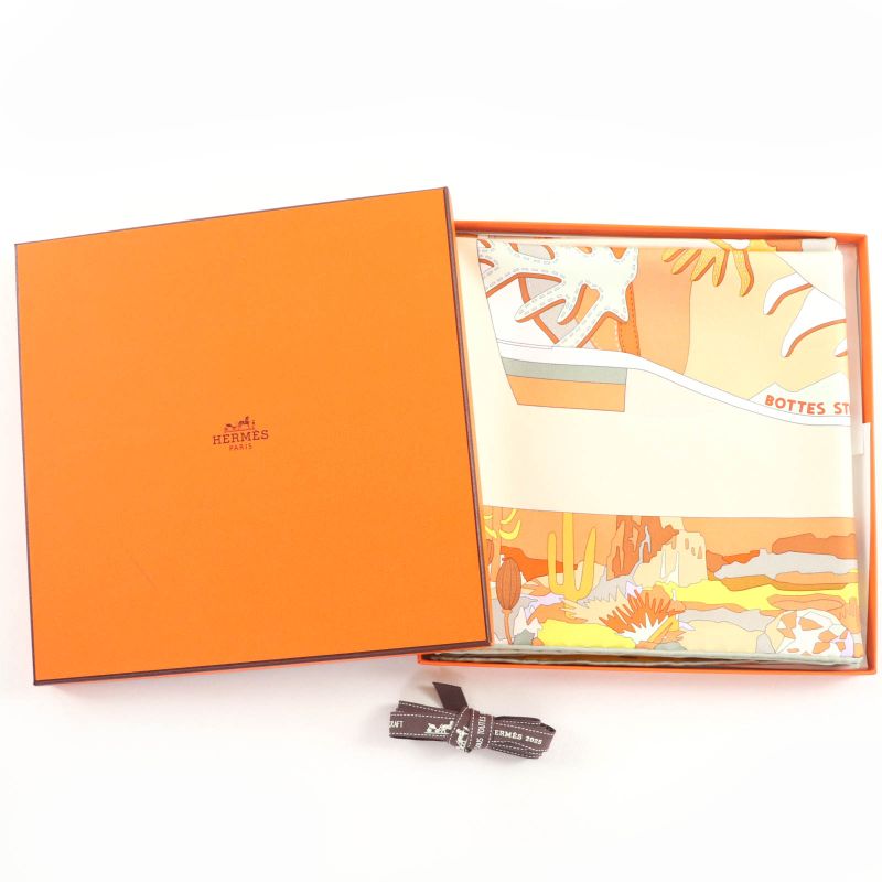 Hermes Kale90 Bottes Story Boots Story 100% Silk Cles Room Orange Cui Gray