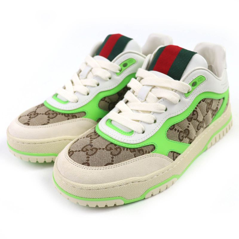 △gucci 785452 Reweb GG Canvas Leather Sneakers White Beige Green 36.5 Box And