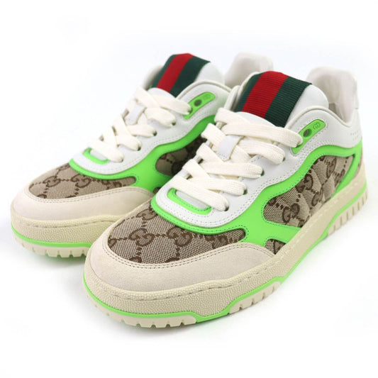 △gucci 785452 Reweb GG Canvas Leather Sneakers White Beige Green 36.5 Box And