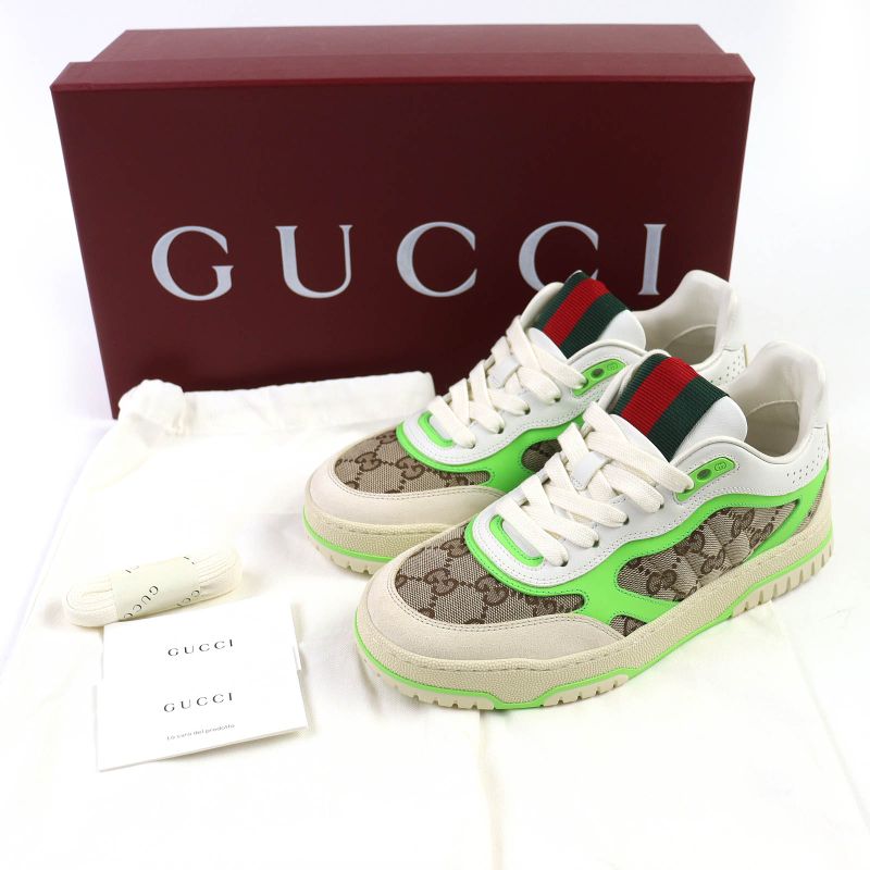 △gucci 785452 Reweb GG Canvas Leather Sneakers White Beige Green 36.5 Box And