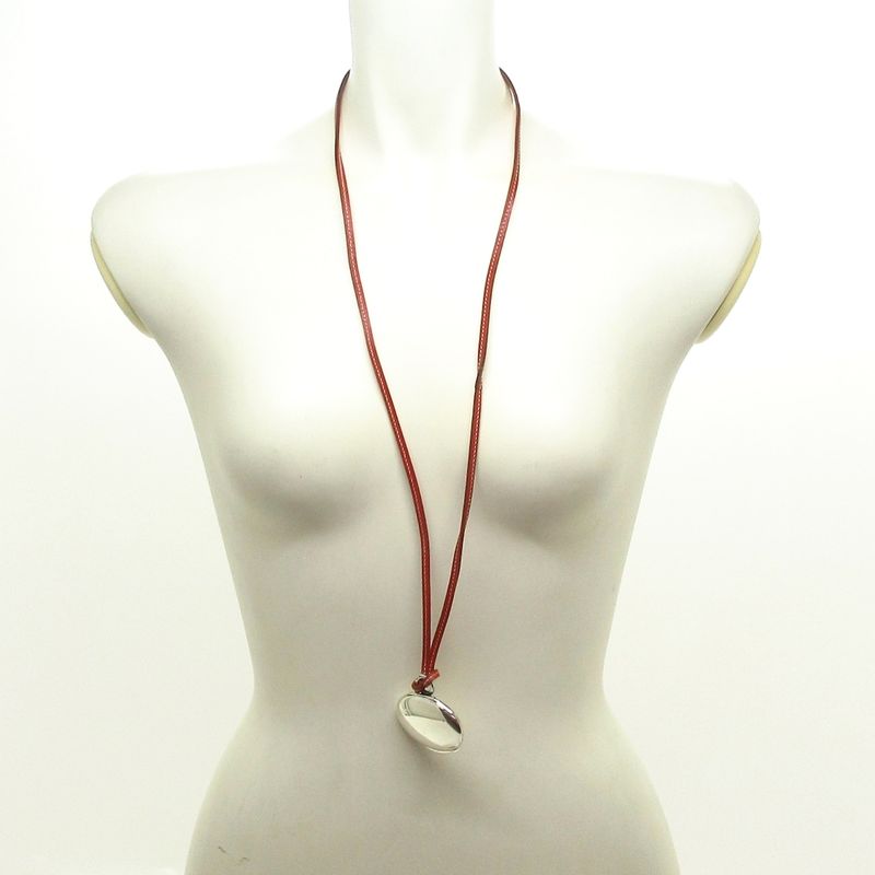 Hermes Necklace - Leather Silver X Brown Locket Pendant