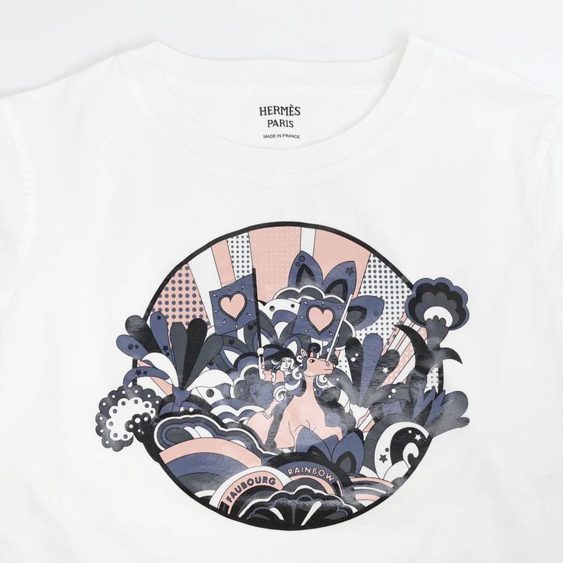 Hermes T-shirt Faubourg Rainbow 36 Size White 2e4613du Cotton Women's