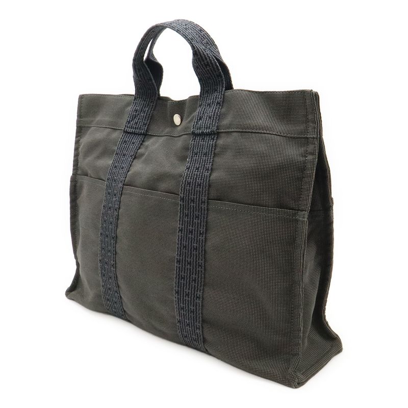 Hermes Her Line Tote MM Tote Bag Handbag Canvas Gray Black Silver Hardware New