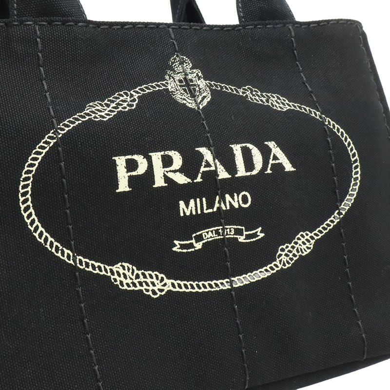 Prada Canapa Tote Bag 2WAY Shoulder Bag Striped Shoulder Crossbody Canvas NERO