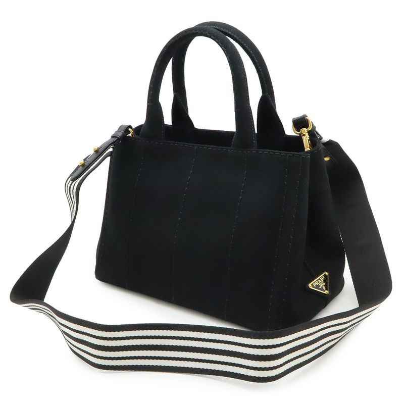 Prada Canapa Tote Bag 2WAY Shoulder Bag Striped Shoulder Crossbody Canvas NERO