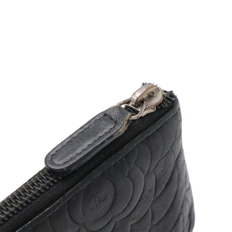 Chanel Camellia Coco Mark Coin Case Coin Purse Lambskin Leather Black Silver