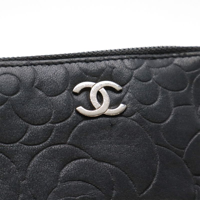 Chanel Camellia Coco Mark Coin Case Coin Purse Lambskin Leather Black Silver