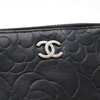 Chanel Camellia Coco Mark Coin Case Coin Purse Lambskin Leather Black Silver