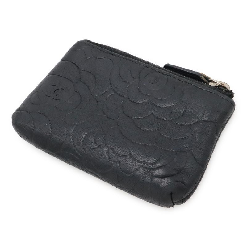Chanel Camellia Coco Mark Coin Case Coin Purse Lambskin Leather Black Silver
