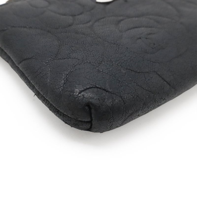 Chanel Camellia Coco Mark Coin Case Coin Purse Lambskin Leather Black Silver
