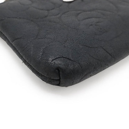 Chanel Camellia Coco Mark Coin Case Coin Purse Lambskin Leather Black Silver