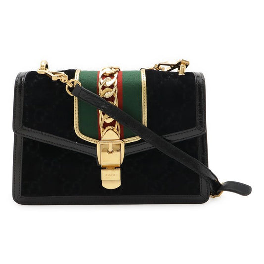 Gucci Sylvie Sherry Line Ribbon Shoulder Bag 2WAY Clutch Velvet Enamel Black