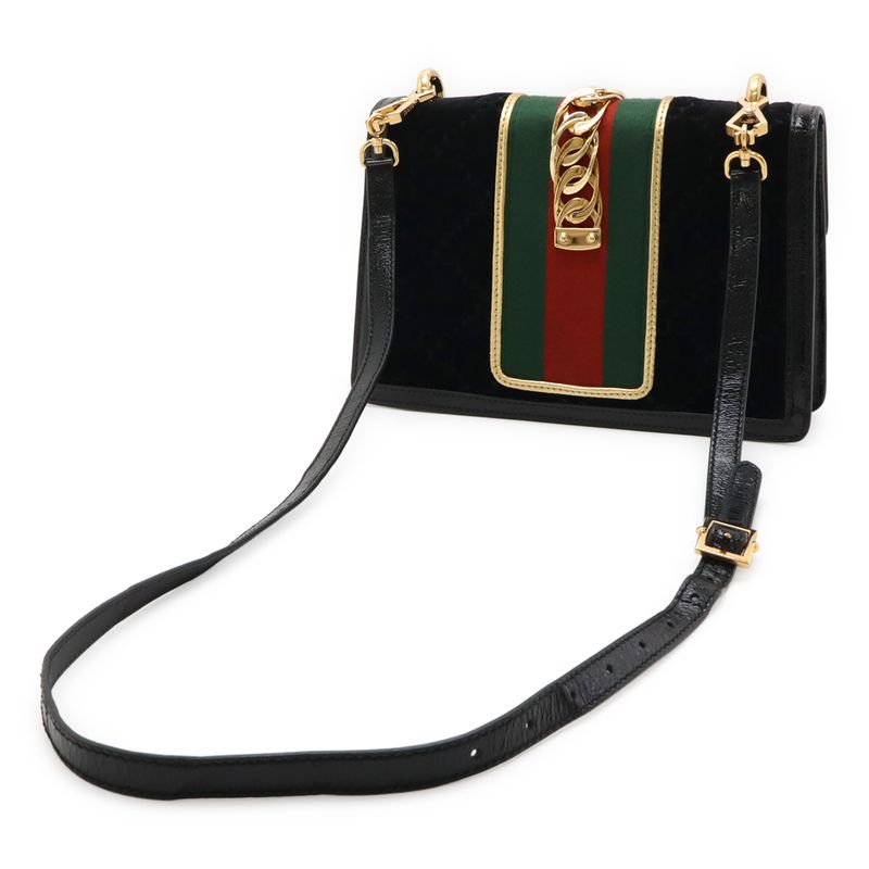 Gucci Sylvie Sherry Line Ribbon Shoulder Bag 2WAY Clutch Velvet Enamel Black