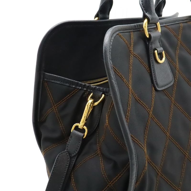 Prada Tessuto Impuntu Handbag 2WAY Shoulder Bag Quilted Nylon NERO Black Gold