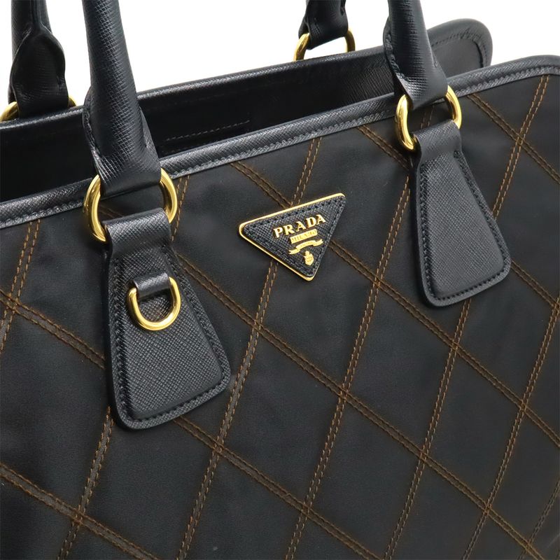 Prada Tessuto Impuntu Handbag 2WAY Shoulder Bag Quilted Nylon NERO Black Gold
