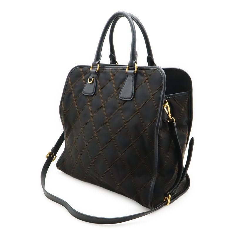 Prada Tessuto Impuntu Handbag 2WAY Shoulder Bag Quilted Nylon NERO Black Gold