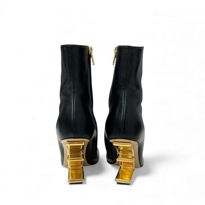 Fendi First Boots Short Shoes Leather Black Gold Metal Heel FF Logo