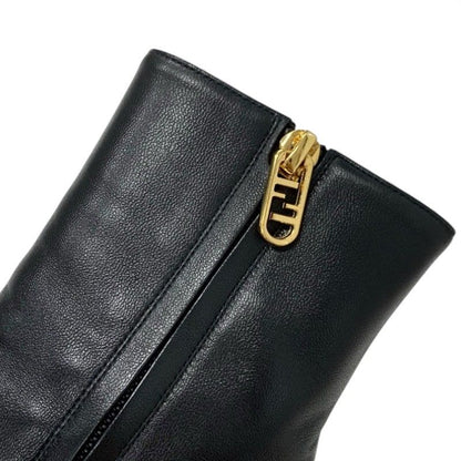 Fendi First Boots Short Shoes Leather Black Gold Metal Heel FF Logo