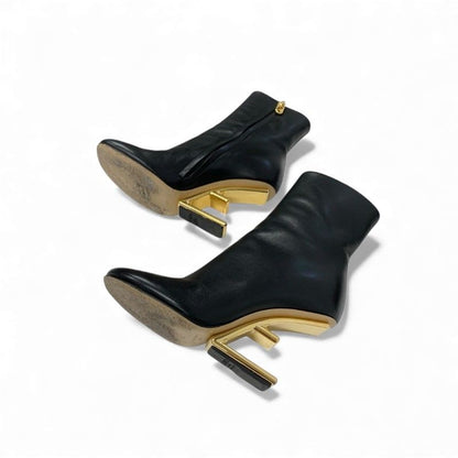 Fendi First Boots Short Shoes Leather Black Gold Metal Heel FF Logo