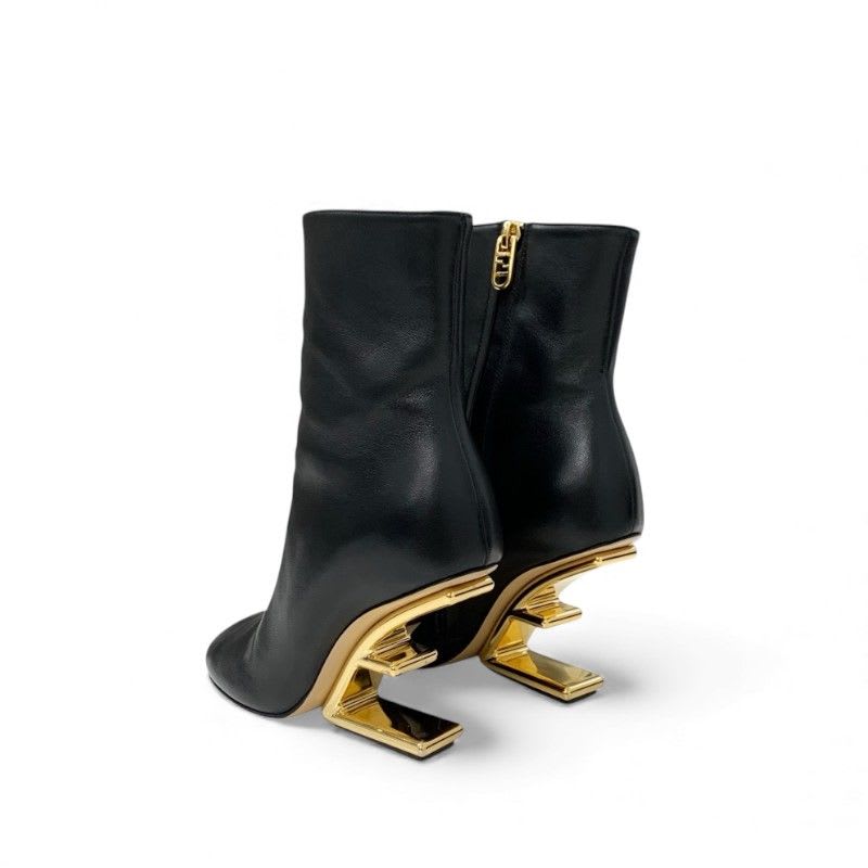 Fendi First Boots Short Shoes Leather Black Gold Metal Heel FF Logo