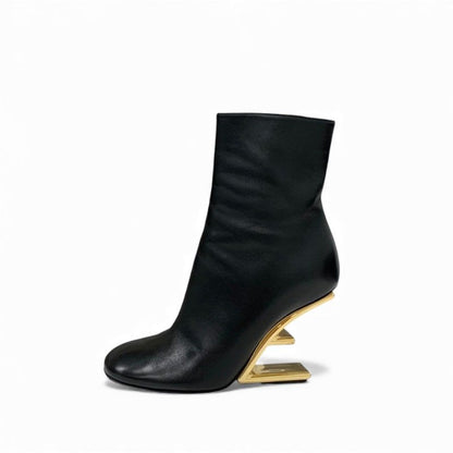 Fendi First Boots Short Shoes Leather Black Gold Metal Heel FF Logo