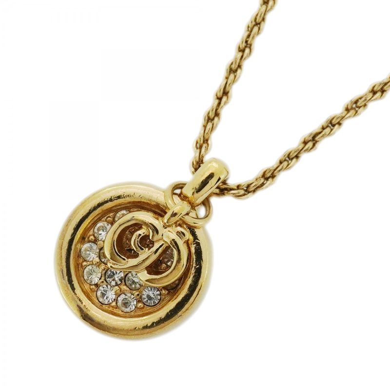 Christian Dior Necklace CD Logo GP Plated Rhinestone Gold Ladies