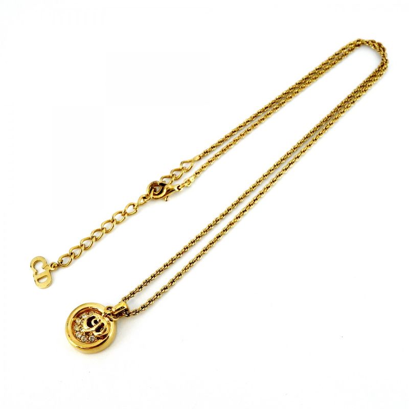 Christian Dior Necklace CD Logo GP Plated Rhinestone Gold Ladies