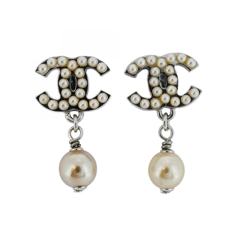 Chanel Earrings Coco Mark Metal Fake Pearl Silver Ladies