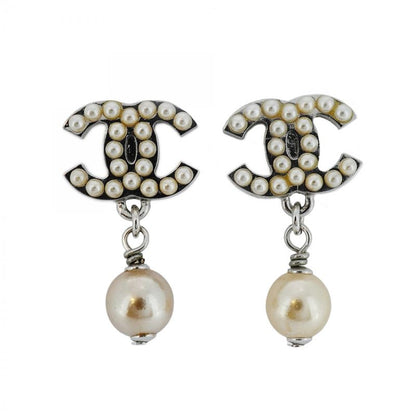 Chanel Earrings Coco Mark Metal Fake Pearl Silver Ladies