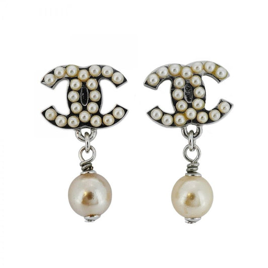 Chanel Earrings Coco Mark Metal Fake Pearl Silver Ladies