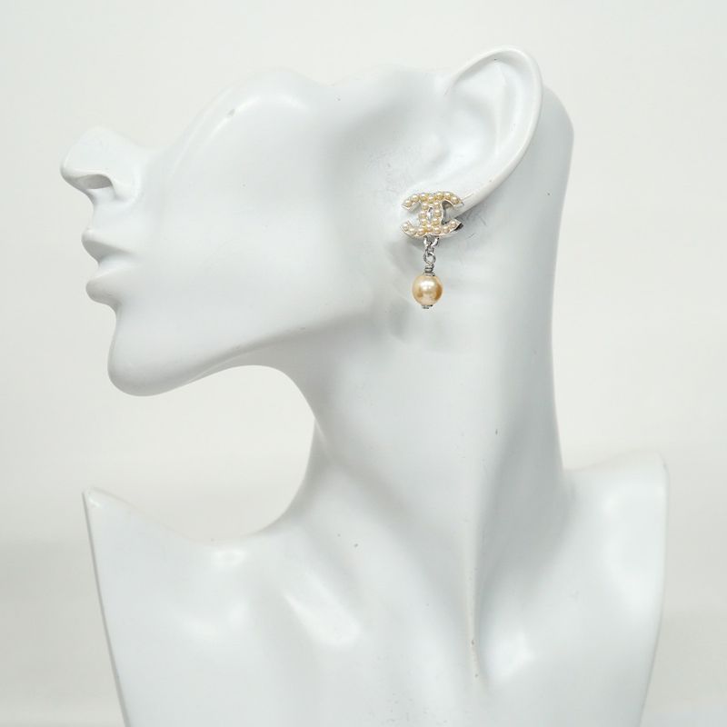 Chanel Earrings Coco Mark Metal Fake Pearl Silver Ladies