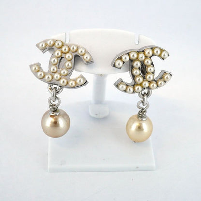 Chanel Earrings Coco Mark Metal Fake Pearl Silver Ladies