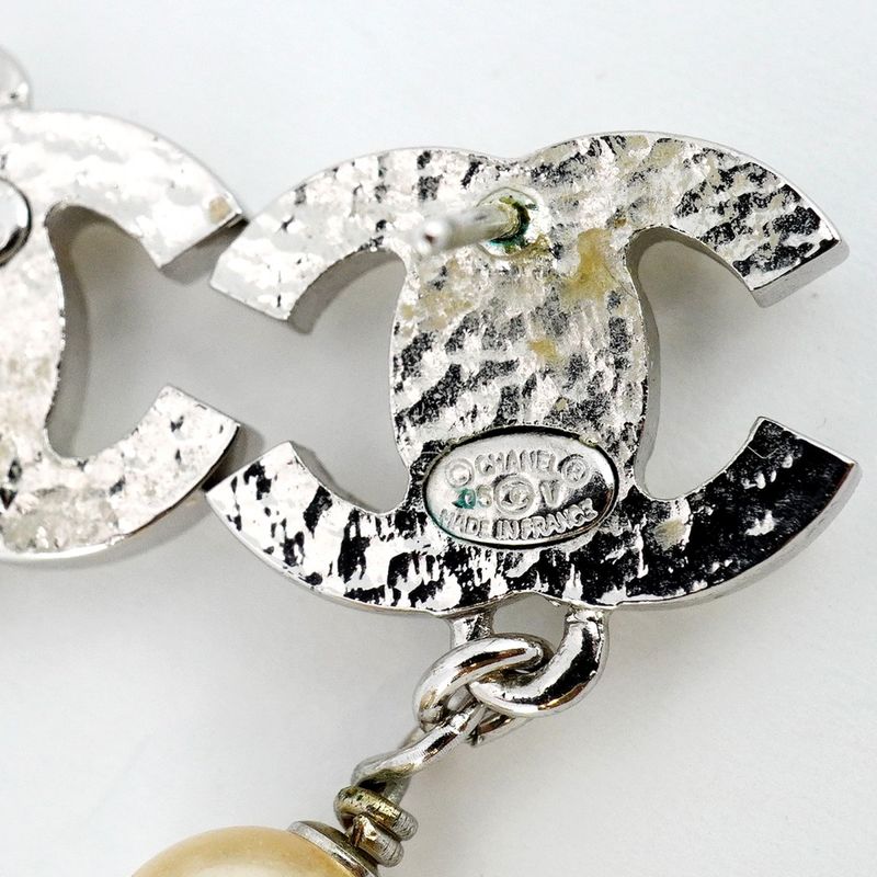 Chanel Earrings Coco Mark Metal Fake Pearl Silver Ladies