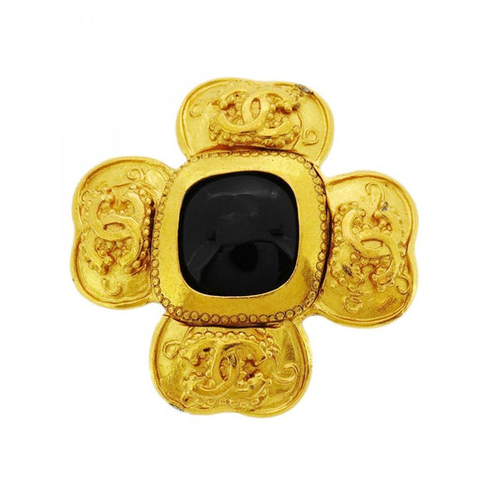 Chanel Brooch Vintage Coco Mark GP Plated Gold Black Cles Dies