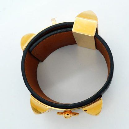 Hermes Bangle Corriedo Chien GP Plated Leather Gold Black Cles Dies