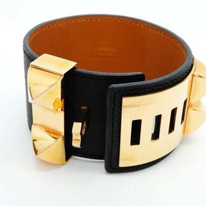 Hermes Bangle Corriedo Chien GP Plated Leather Gold Black Cles Dies
