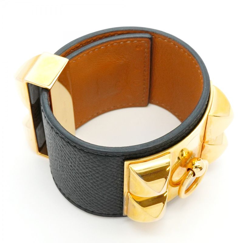 Hermes Bangle Corriedo Chien GP Plated Leather Gold Black Cles Dies