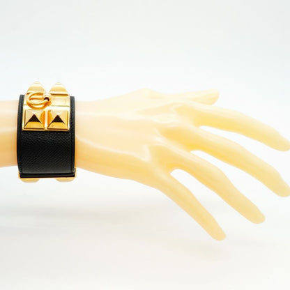 Hermes Bangle Corriedo Chien GP Plated Leather Gold Black Cles Dies