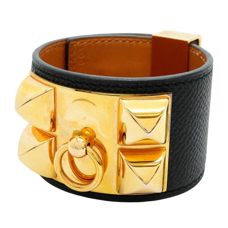 Hermes Bangle Corriedo Chien GP Plated Leather Gold Black Cles Dies