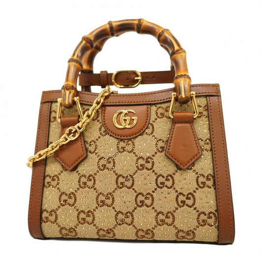 Gucci Handbag Bamboo Diana Crystal 707449 Canvas Leather Brown Beige Gold