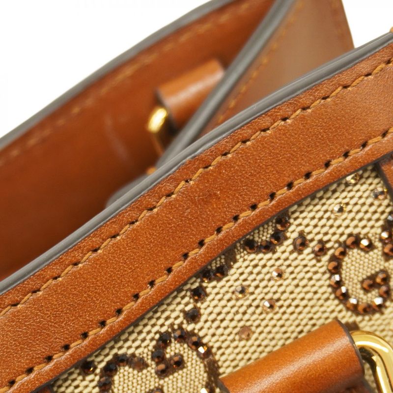 Gucci Handbag Bamboo Diana Crystal 707449 Canvas Leather Brown Beige Gold