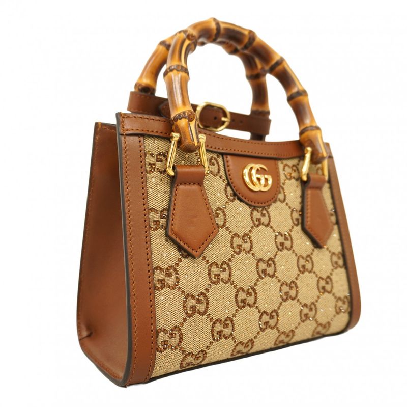 Gucci Handbag Bamboo Diana Crystal 707449 Canvas Leather Brown Beige Gold