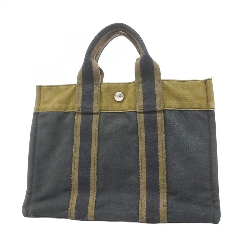 Hermes Handbag Fourre Tout PM Canvas Khaki Black Silver Hardware Ladies