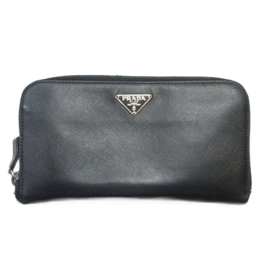 PRADA Triangle Logo Round Zipper Long Wallet Saffiano Black