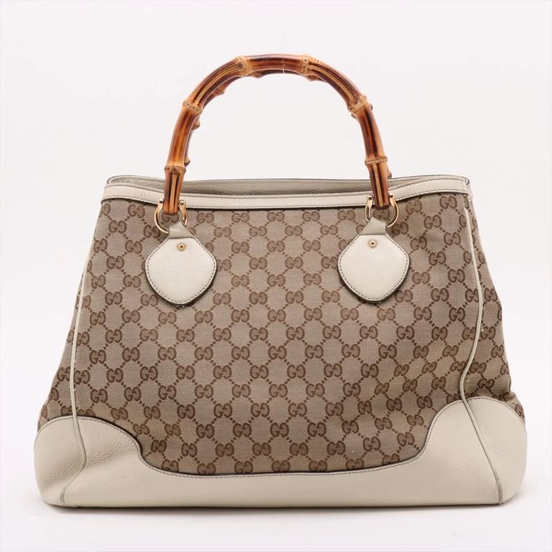 Gucci Bamboo GG Canvas 282317 Leather Handbag Tote Genuine Leather Beige Ladies