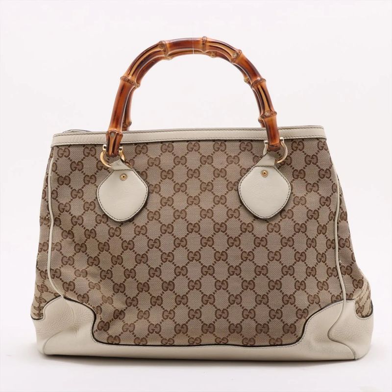 Gucci Bamboo GG Canvas 282317 Leather Handbag Tote Genuine Leather Beige Ladies