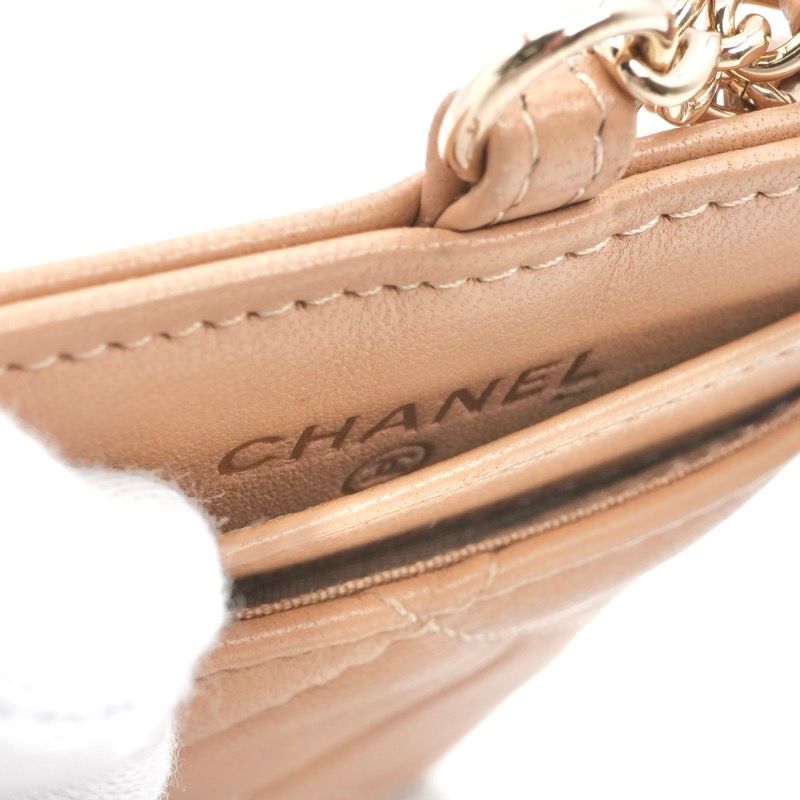 Chanel Card Case Card Holder Pass Case Lambskin Beige Gold Coco Mark Charm
