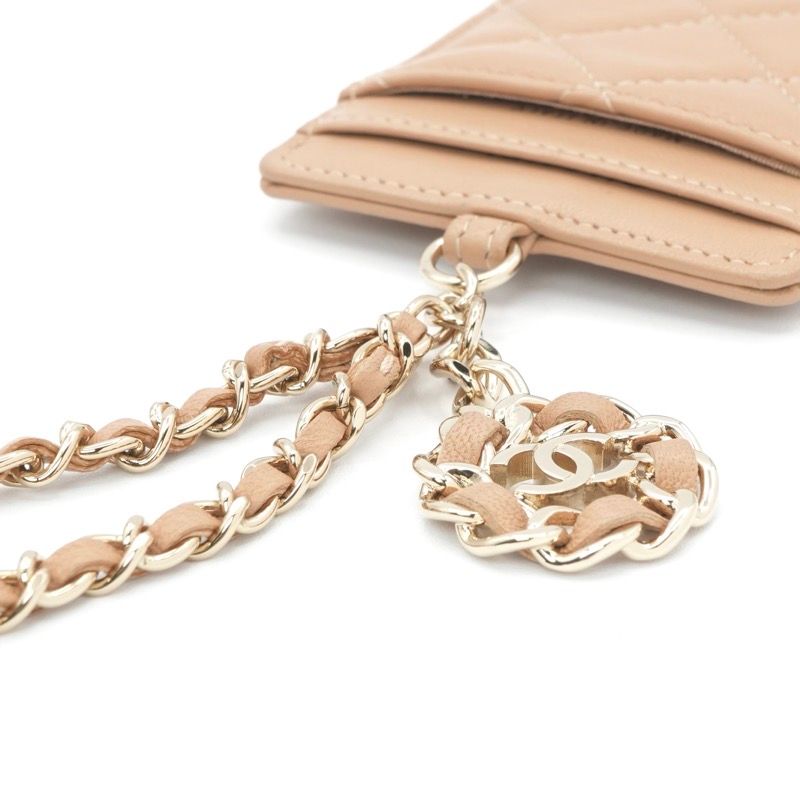 Chanel Card Case Card Holder Pass Case Lambskin Beige Gold Coco Mark Charm