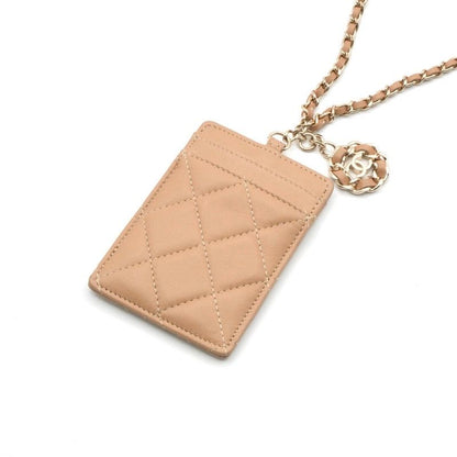 Chanel Card Case Card Holder Pass Case Lambskin Beige Gold Coco Mark Charm